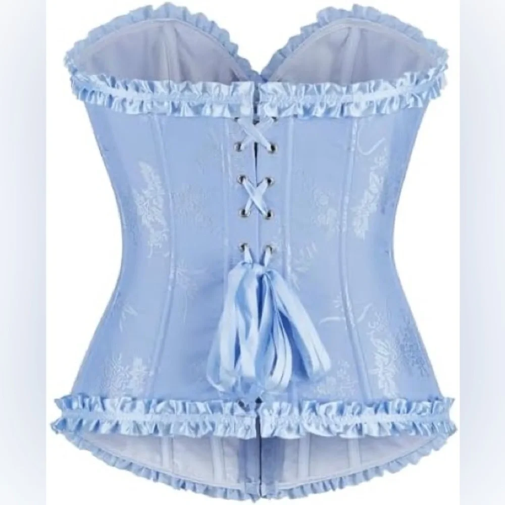 Lace-Up Floral Corset Top in Light Blue and White - Picture 3 of 5